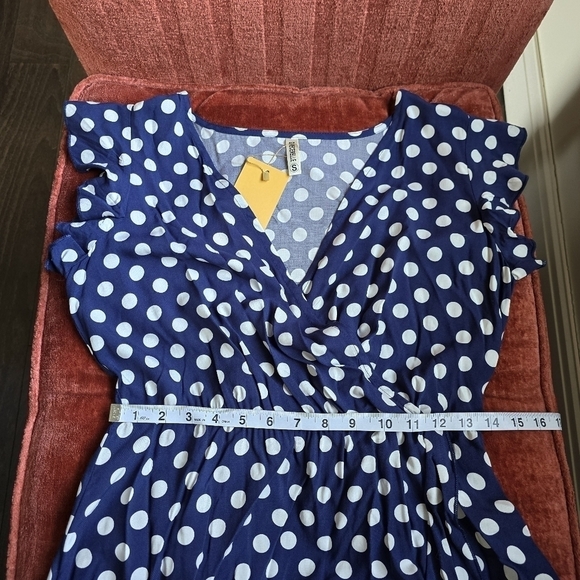 NWT Grecerelle V-Neck Faux Wrap Blue White Polka Dot Dress Ruffle Sleeve Sz. S - Picture 9 of 14